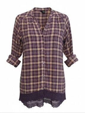 Wallpapher Purple and Cream Plaid Button-Down Top with Crochet Trim